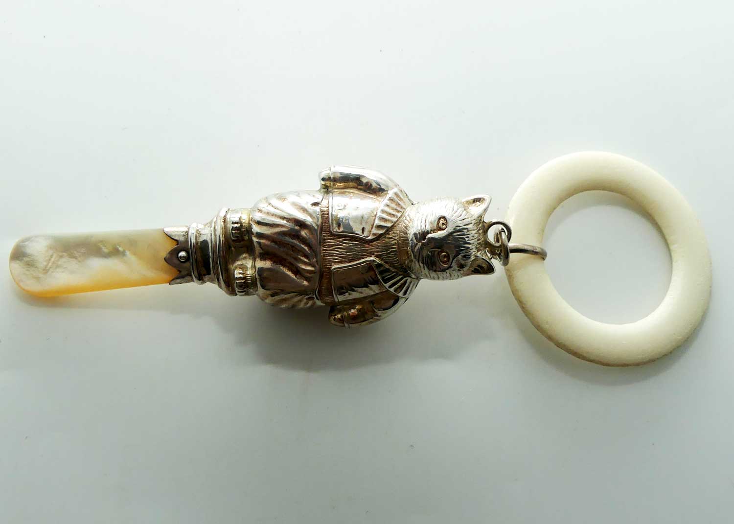 Sterling Silver Ivory and Mother of Pearl Teething Ring Baby Rattle | Beatrix Potter Tom Kitten | Chester 1947