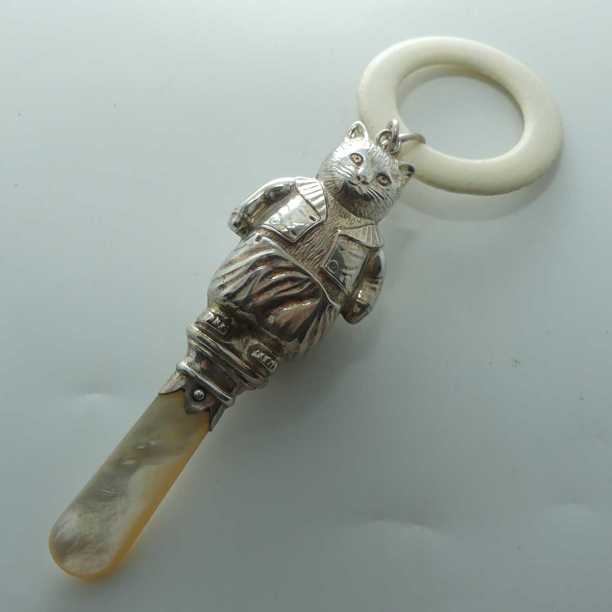 Sterling Silver Ivory and Mother of Pearl Teething Ring Baby Rattle | Beatrix Potter Tom Kitten | Chester 1947