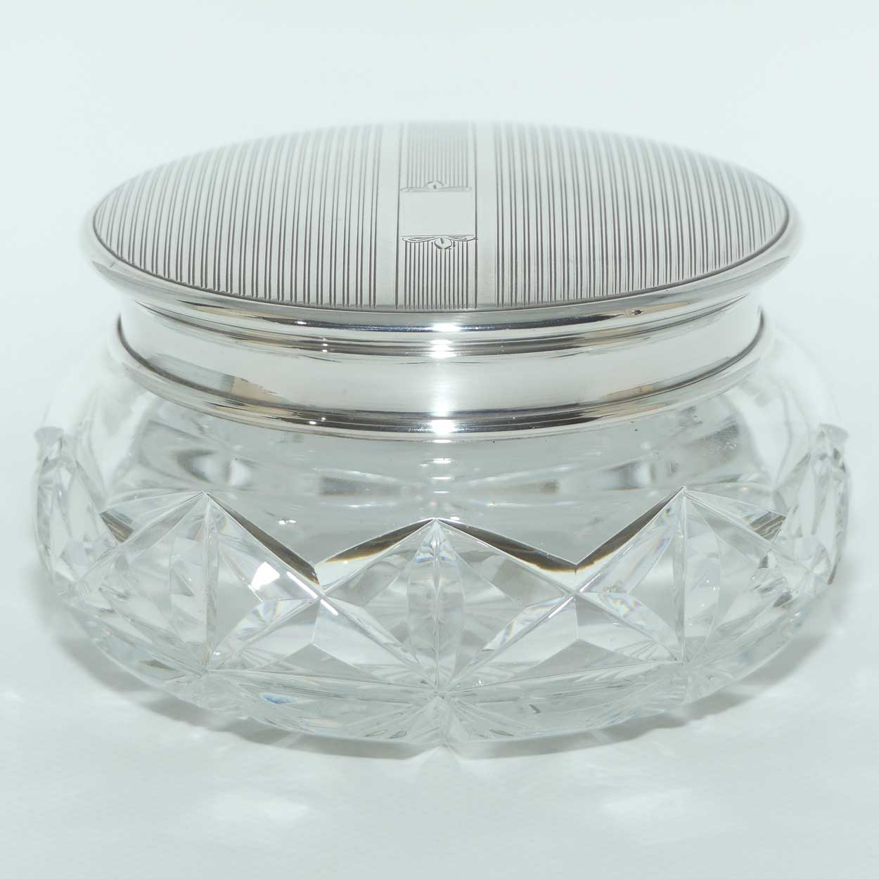 Mid Century Engine Turned Sterling Silver top Crystal base Powder bowl | Birmingham 1949