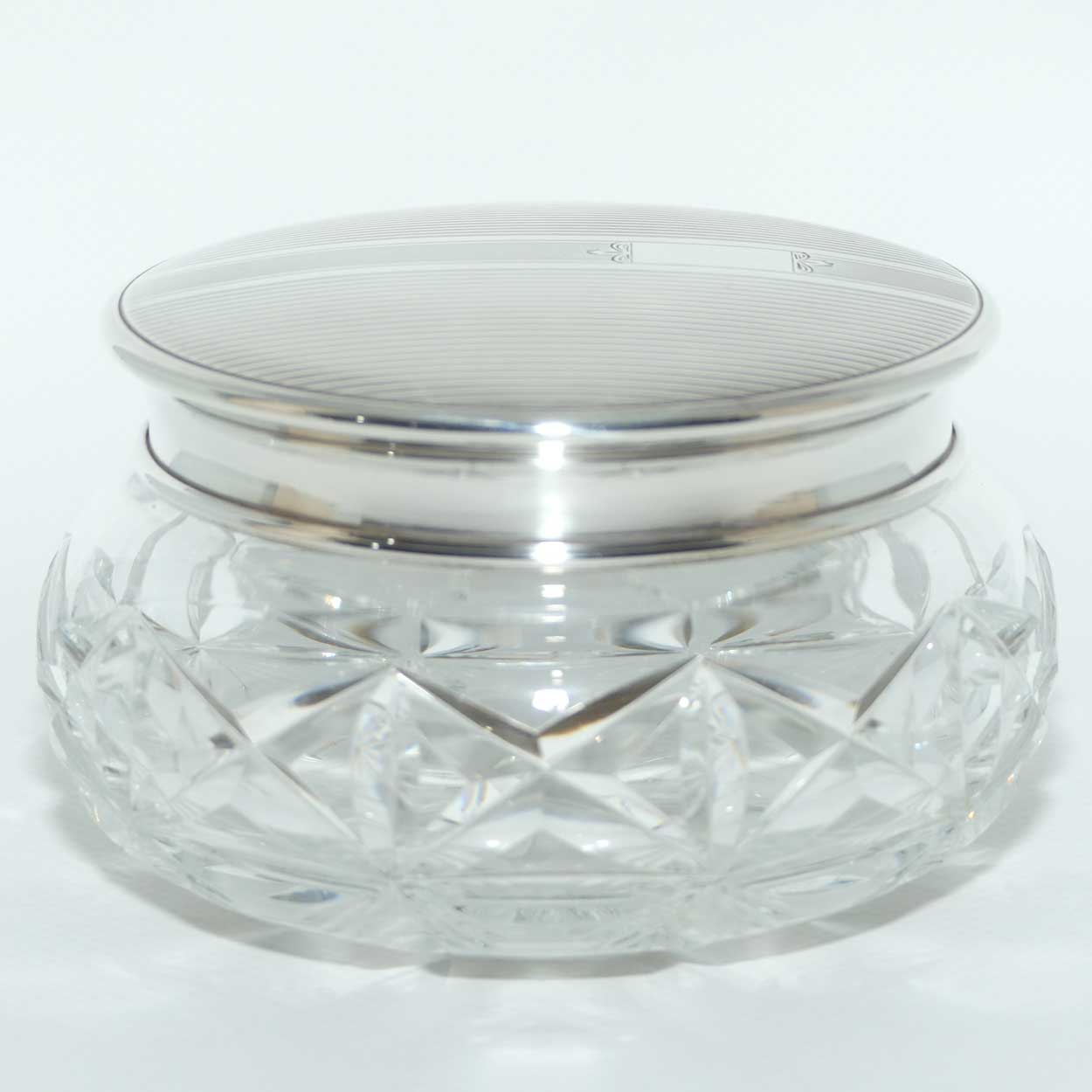 Mid Century Engine Turned Sterling Silver top Crystal base Powder bowl | Birmingham 1949