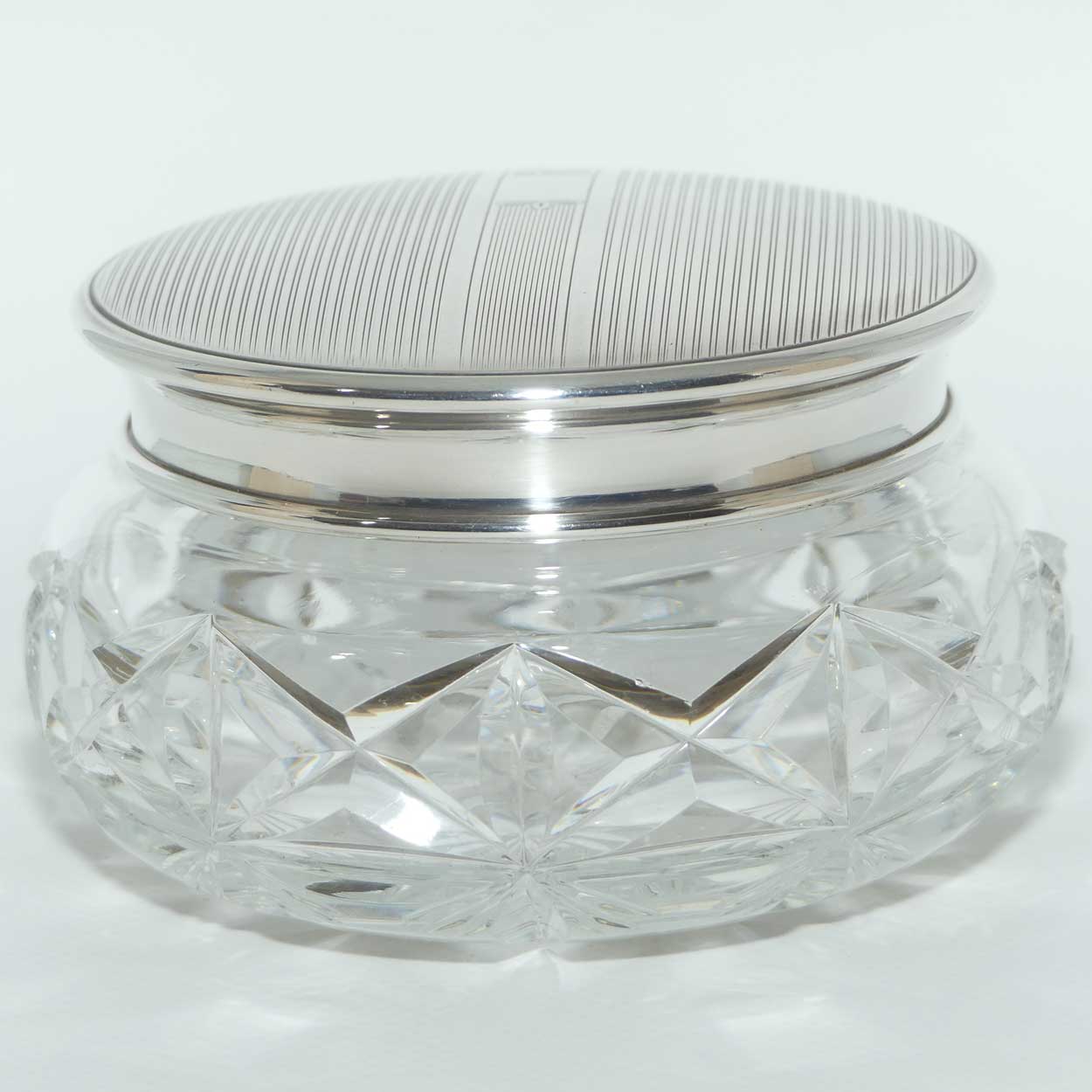 Mid Century Engine Turned Sterling Silver top Crystal base Powder bowl | Birmingham 1949