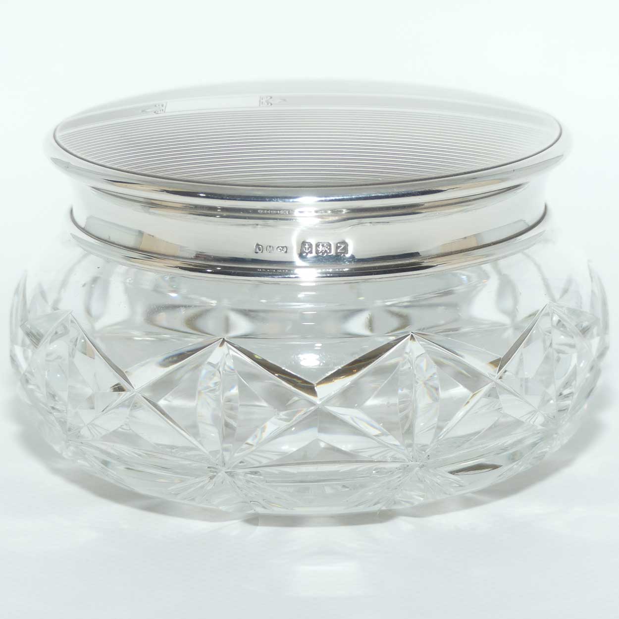 Mid Century Engine Turned Sterling Silver top Crystal base Powder bowl | Birmingham 1949