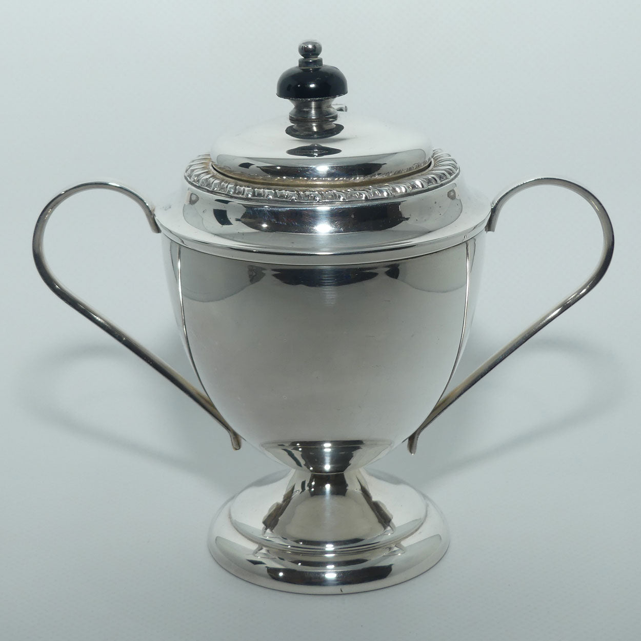 1950 era Silver Plated Covered Sugar with Black Finial and Loop handles