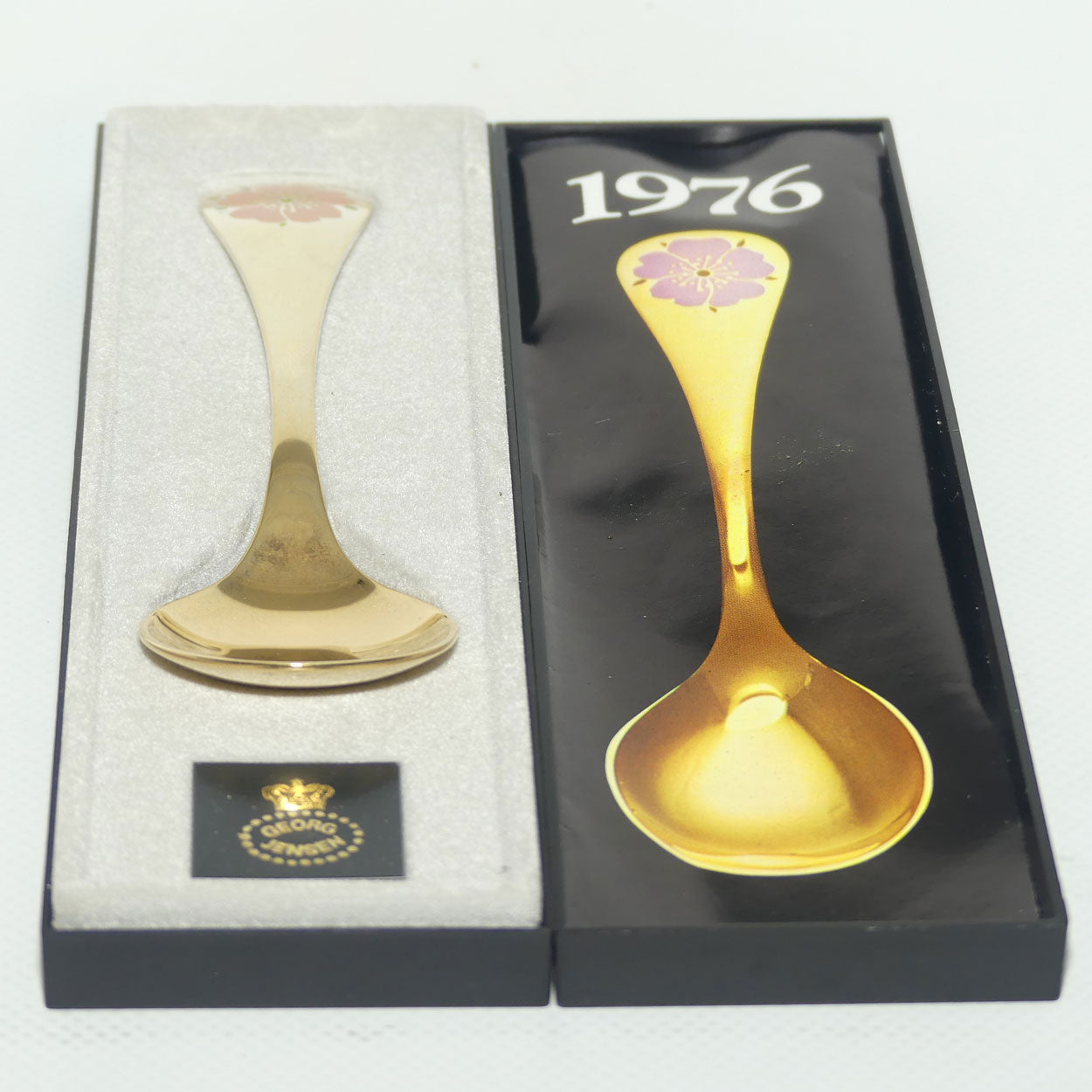 Georg Jensen Sterling Silver and Gold Vermeil Annual Spoon with inset enamel decoration | 1976 Sweetbriar | boxed