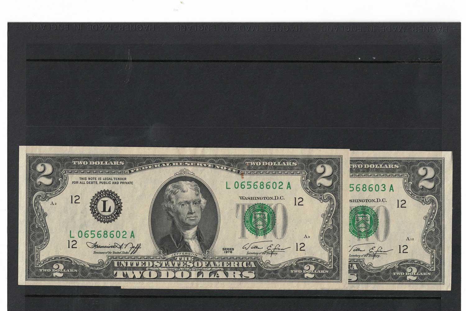 1976 series USA 2 consecutive $2 notes