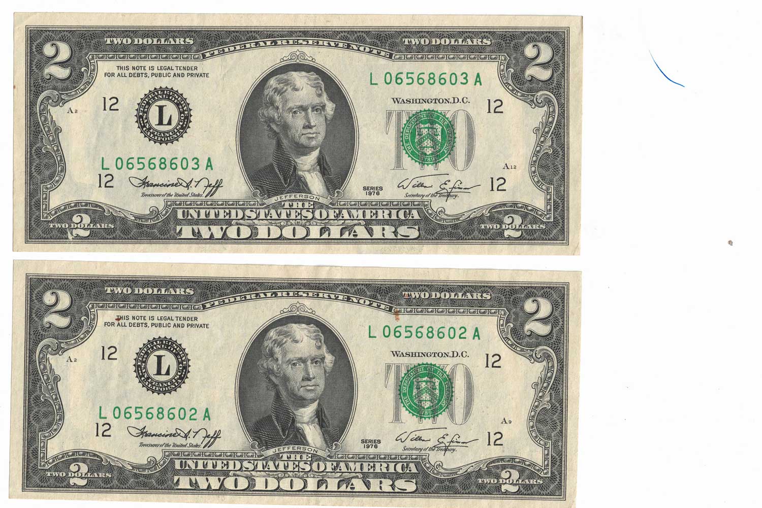 1976 series USA 2 consecutive $2 notes