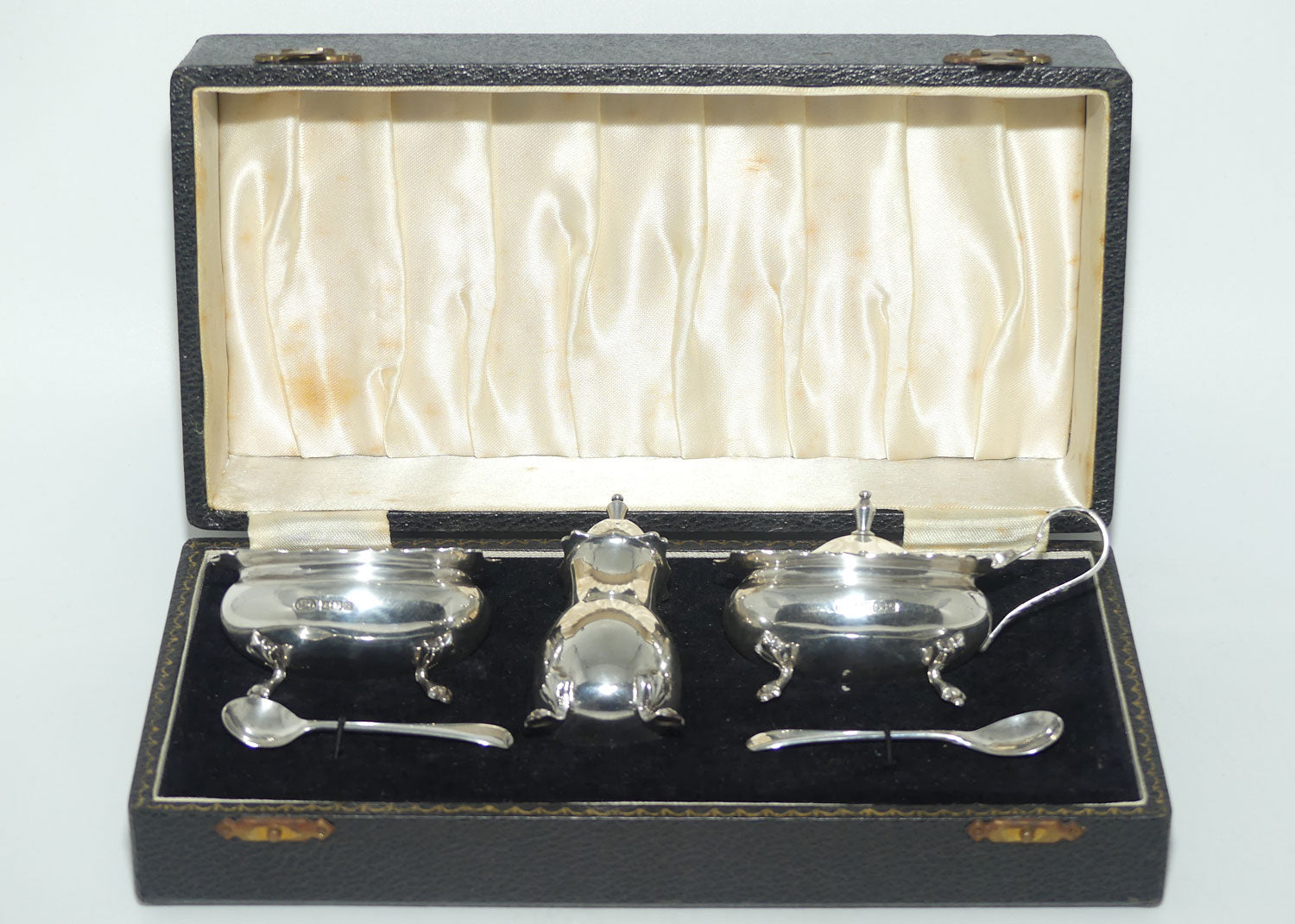 Sterling Silver cruet set with blue glass liners | Birmingham 1976 | Boxed | 150gms