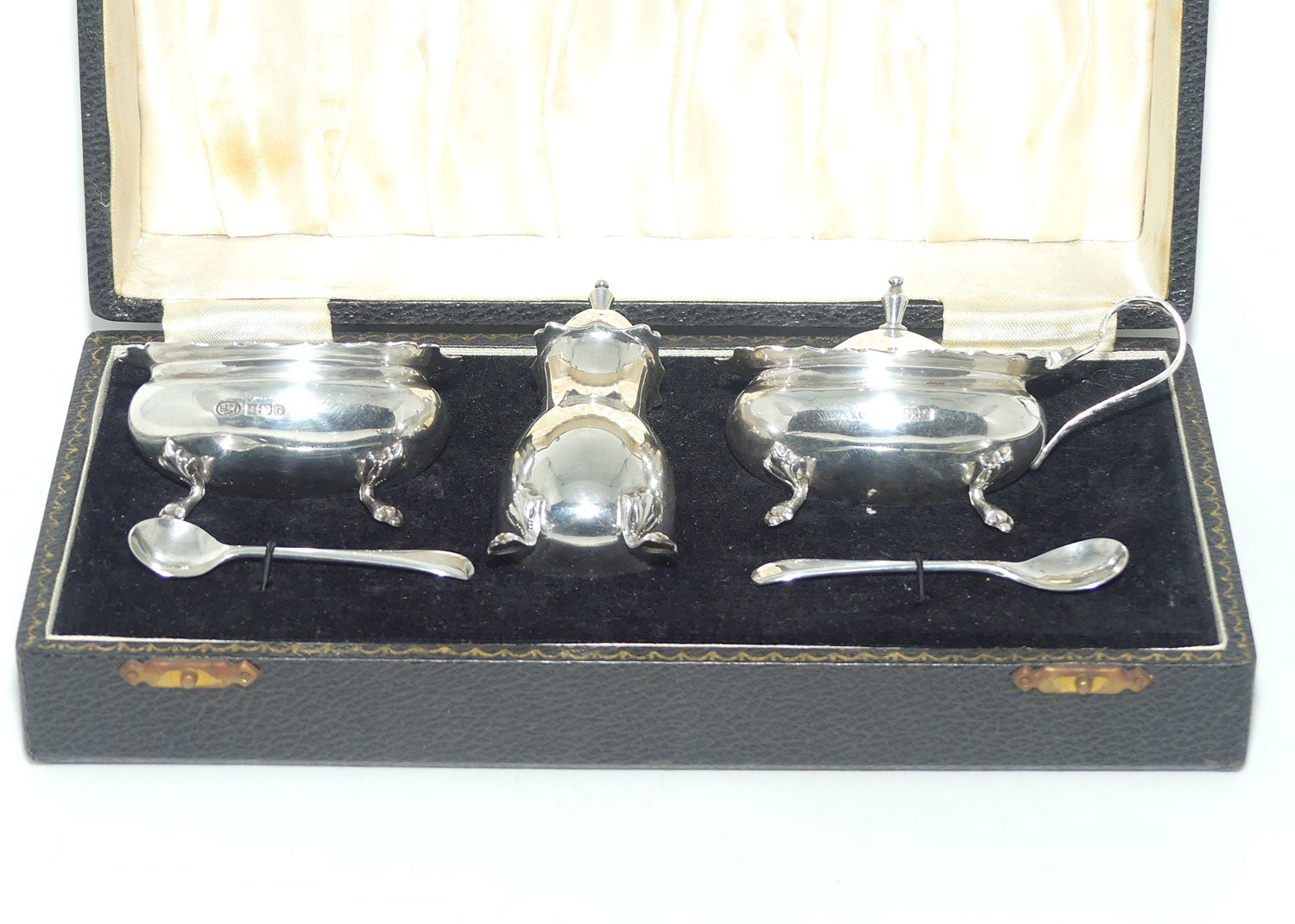 Sterling Silver cruet set with blue glass liners | Birmingham 1976 | Boxed | 150gms