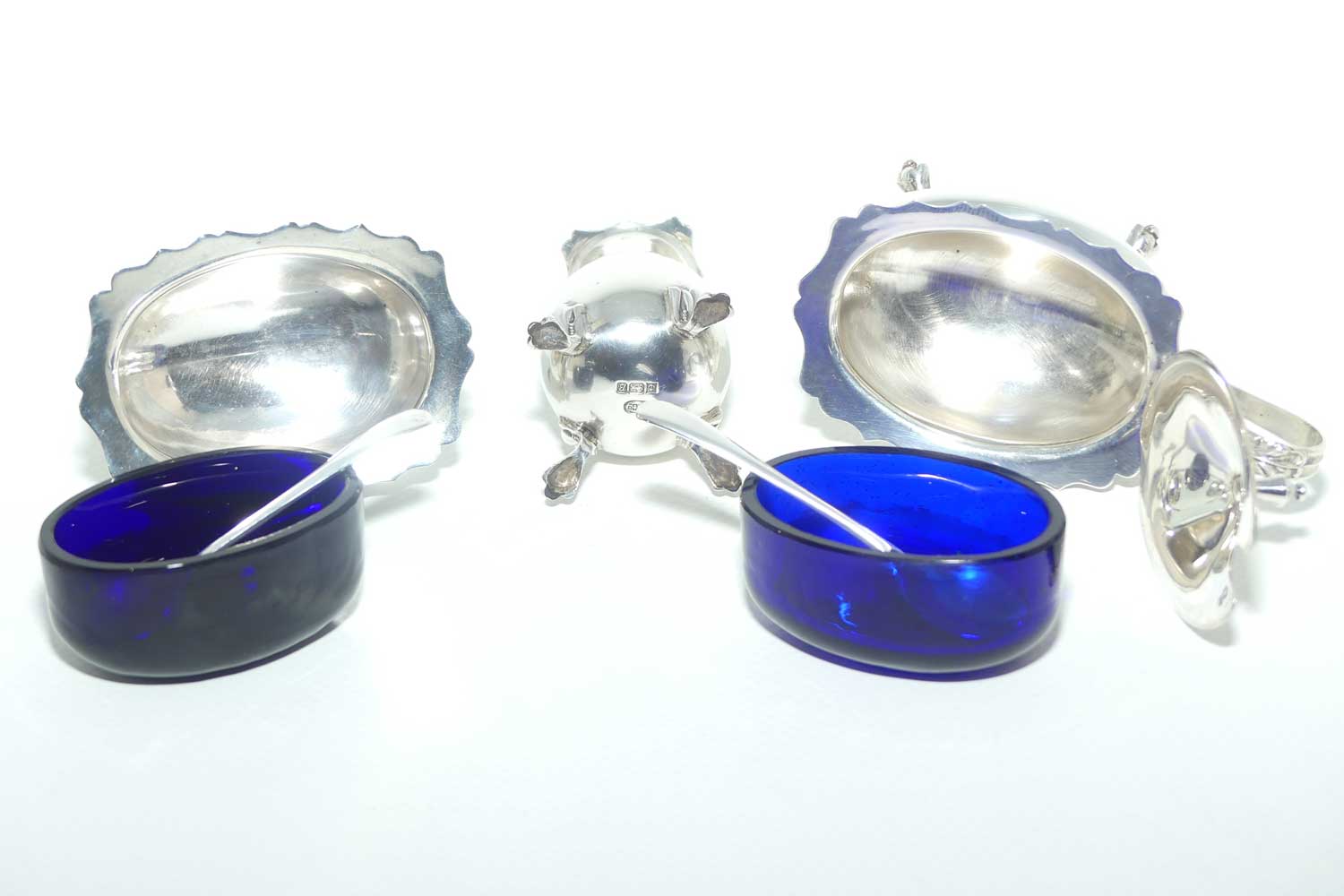 Sterling Silver cruet set with blue glass liners | Birmingham 1976 | Boxed | 150gms