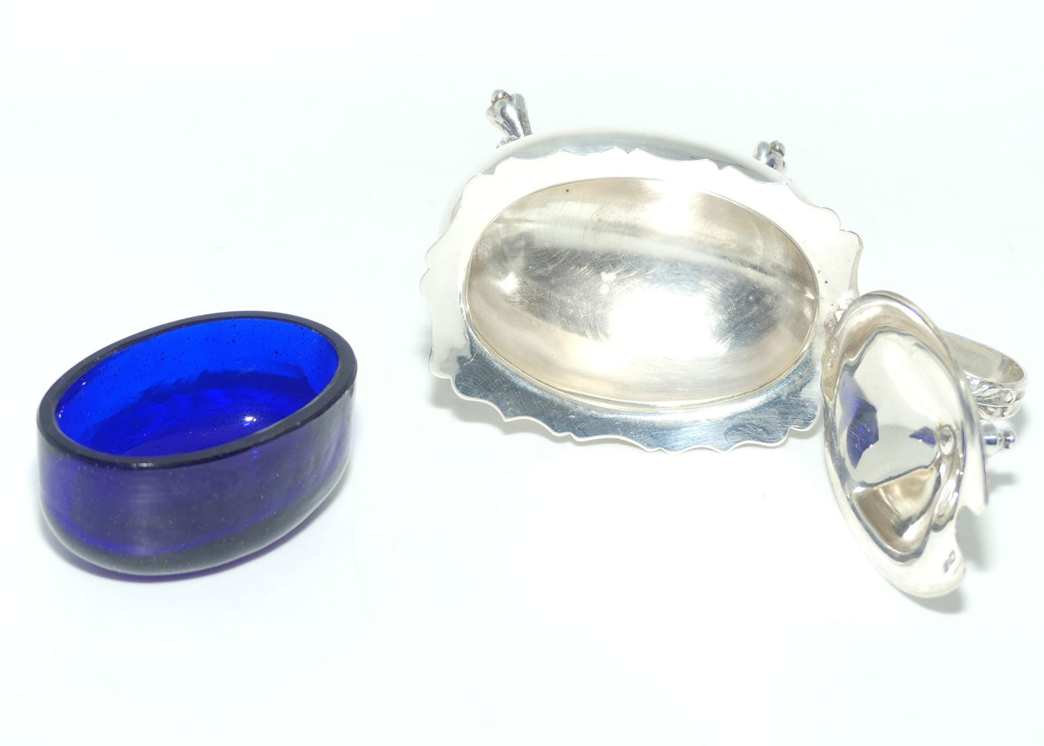 Sterling Silver cruet set with blue glass liners | Birmingham 1976 | Boxed | 150gms