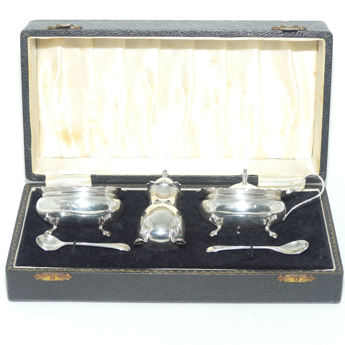 Sterling Silver cruet set with blue glass liners | Birmingham 1976 | Boxed | 150gms