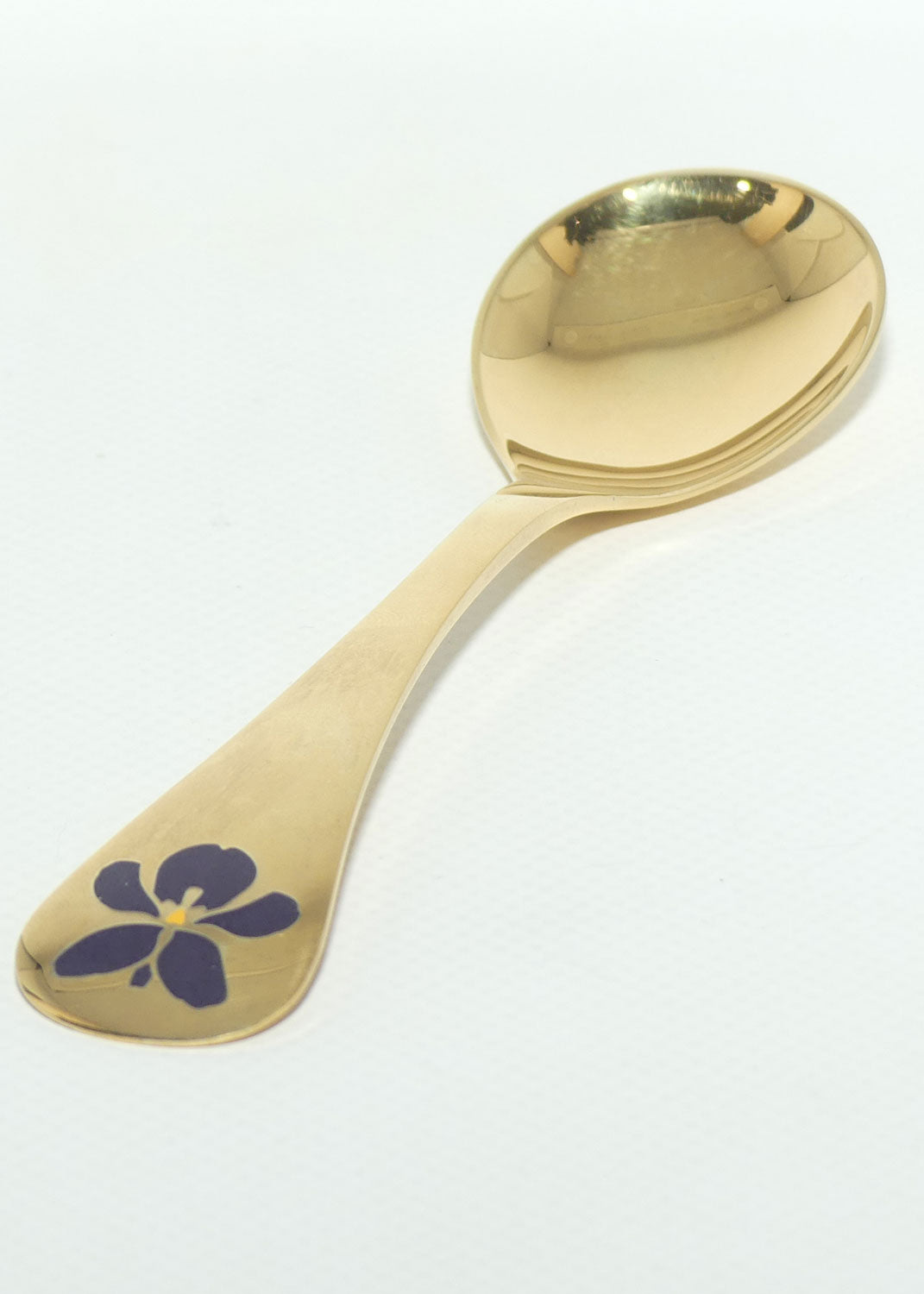 Georg Jensen Sterling Silver and Gold Vermeil Annual Spoon with inset enamel decoration | 1977 Sweet Violet | boxed