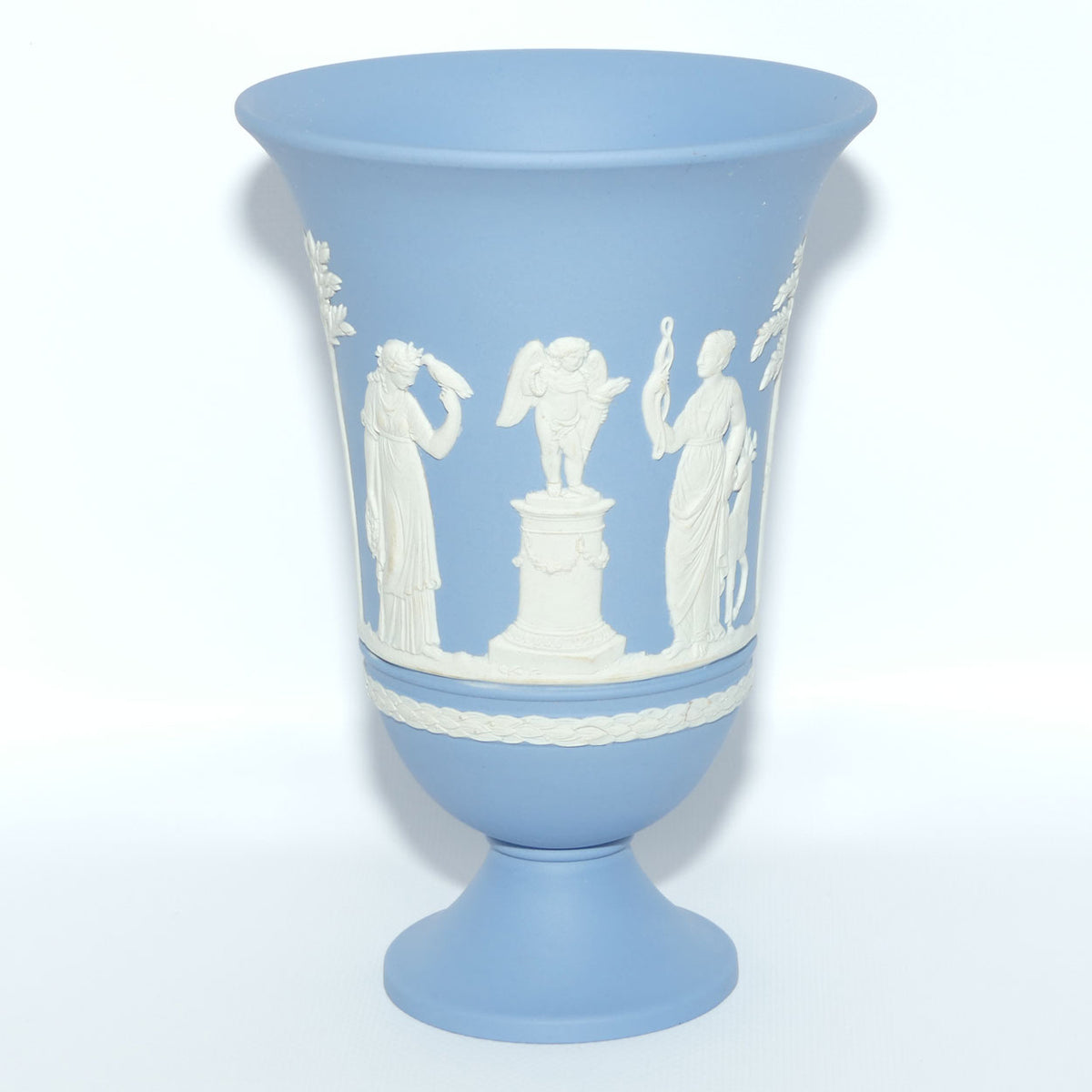 Wedgwood Jasper | White on Pale Blue trumpet shape vase | 2 Main Scenes | 19cm tall