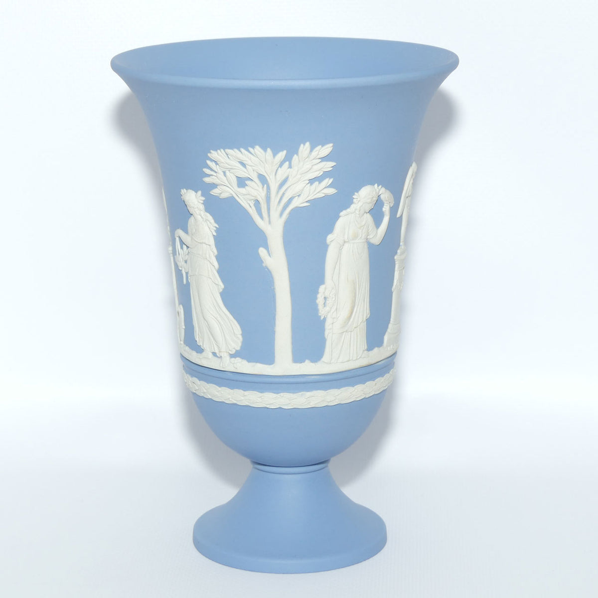 Wedgwood Jasper | White on Pale Blue trumpet shape vase | 2 Main Scenes | 19cm tall