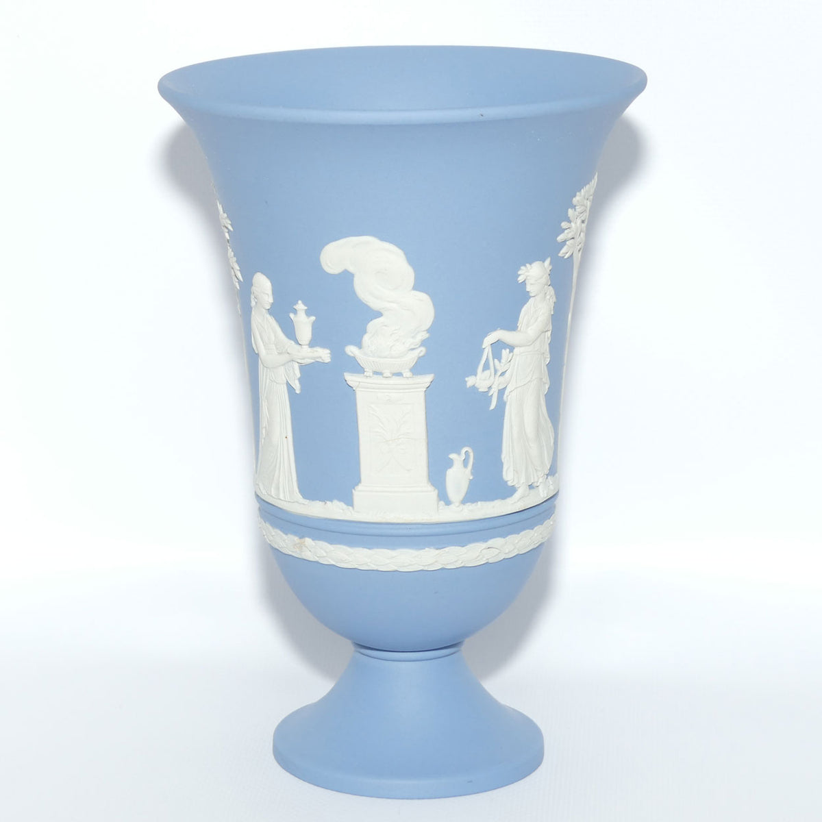 Wedgwood Jasper | White on Pale Blue trumpet shape vase | 2 Main Scenes | 19cm tall
