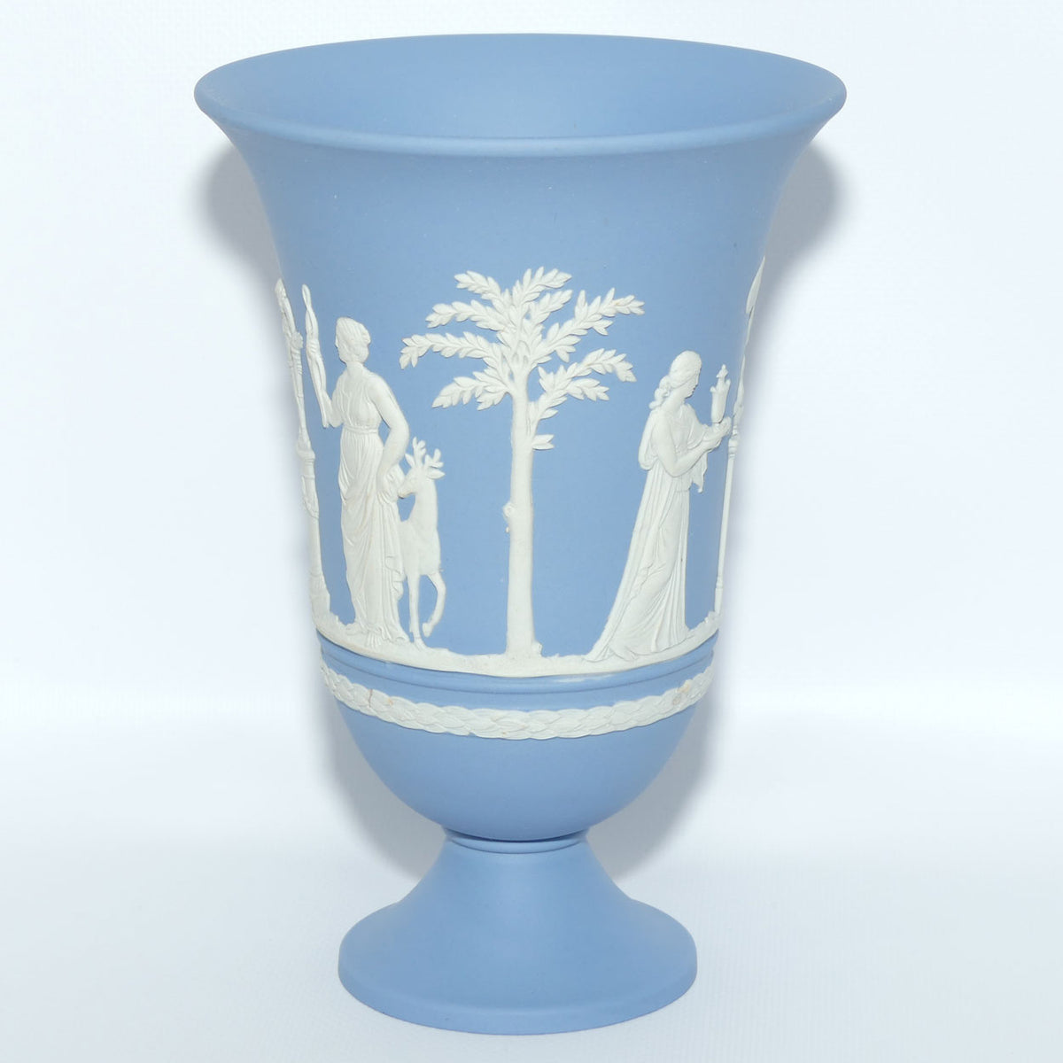 Wedgwood Jasper | White on Pale Blue trumpet shape vase | 2 Main Scenes | 19cm tall