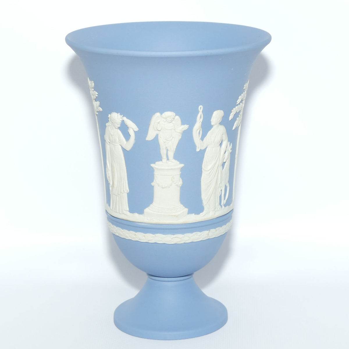 Wedgwood Jasper | White on Pale Blue trumpet shape vase | 2 Main Scenes | 19cm tall