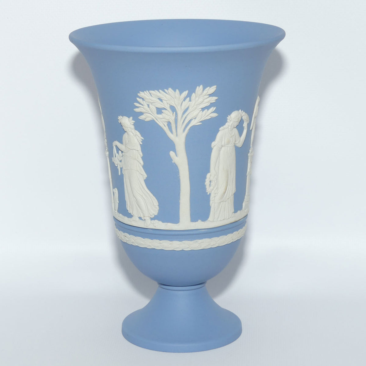 Wedgwood Jasper | White on Pale Blue trumpet shape vase | 2 Main Scenes | 19cm tall
