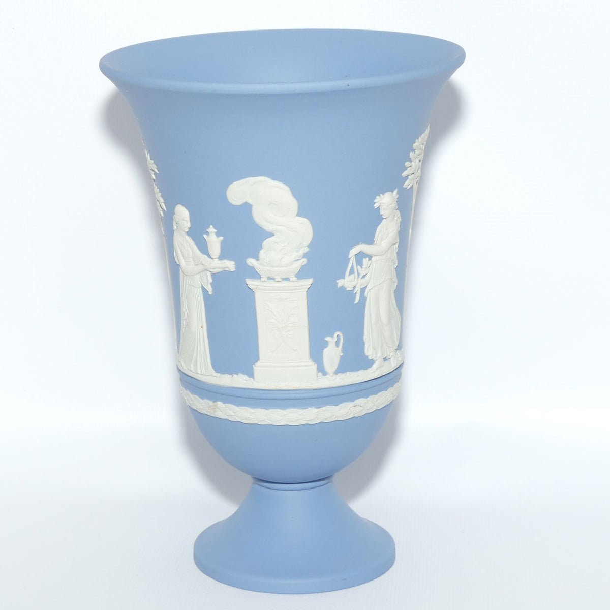 Wedgwood Jasper | White on Pale Blue trumpet shape vase | 2 Main Scenes | 19cm tall