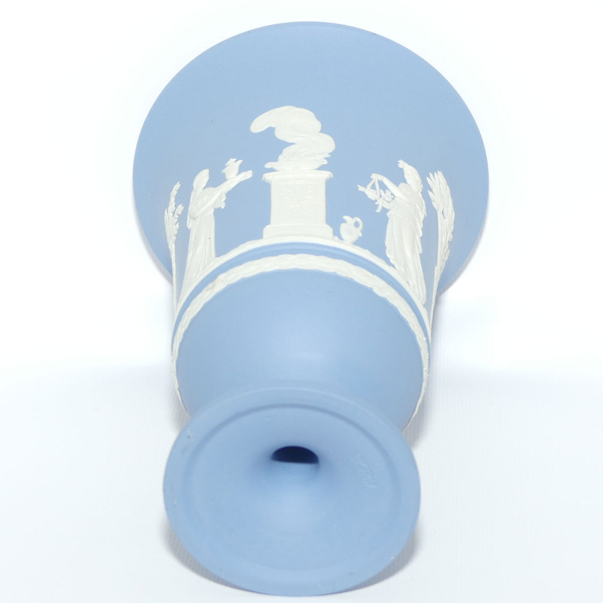 Wedgwood Jasper | White on Pale Blue trumpet shape vase | 2 Main Scenes | 19cm tall
