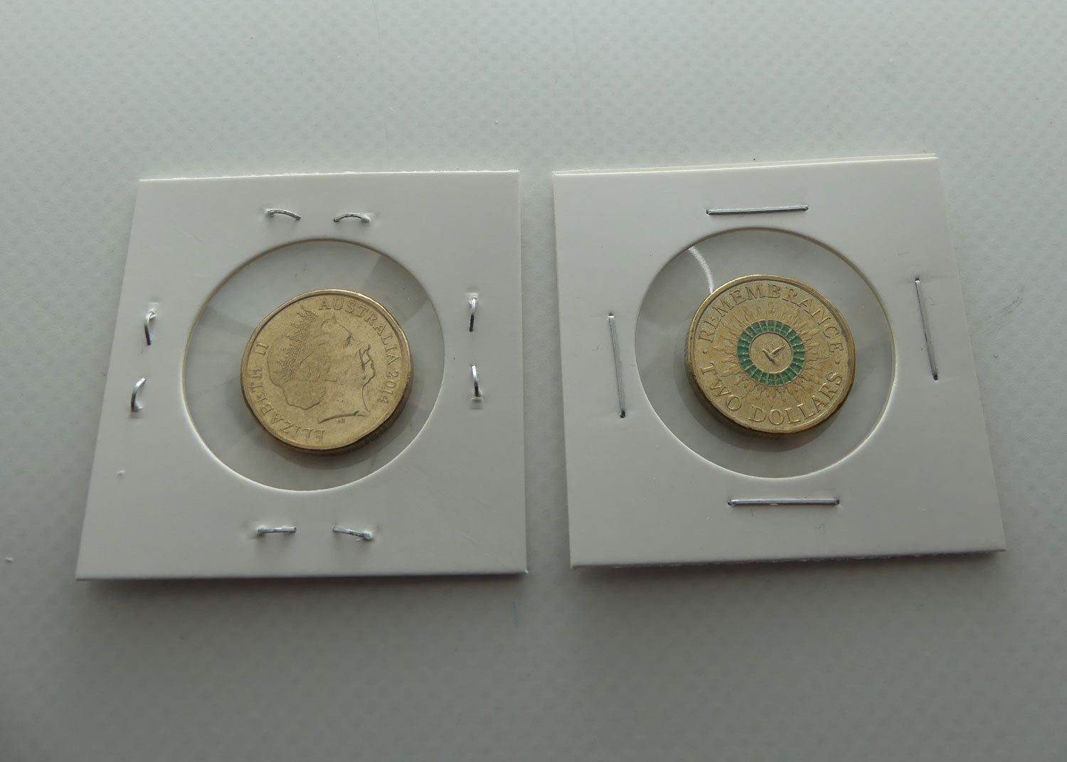 RAM 2014 Remembrance Day $2 Coin | Green Colour Printed Dove | 2 x Circulated Australian Decimal Coins | #2