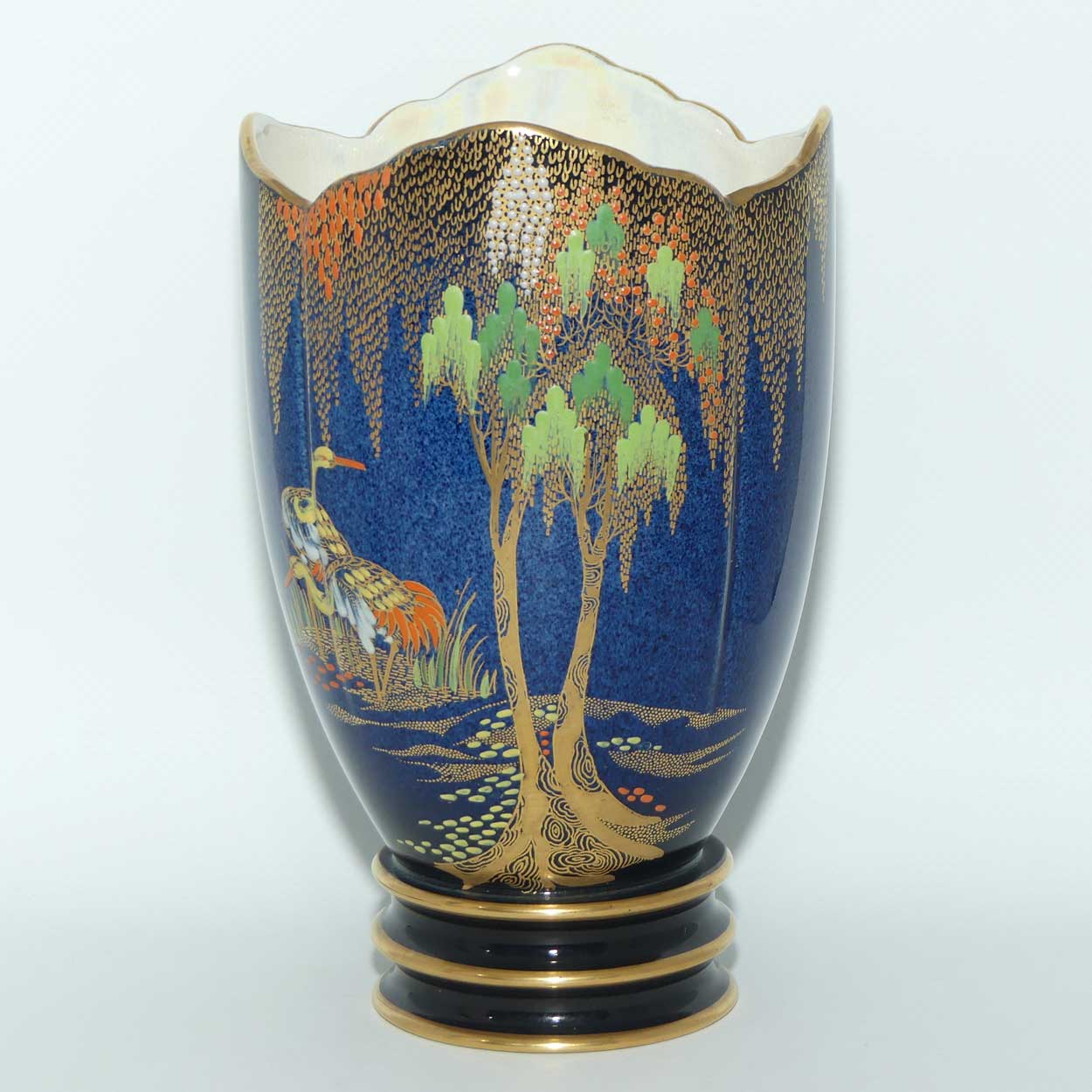 Carlton Ware fancy rim vase | New Storks pattern on Blue | 2089