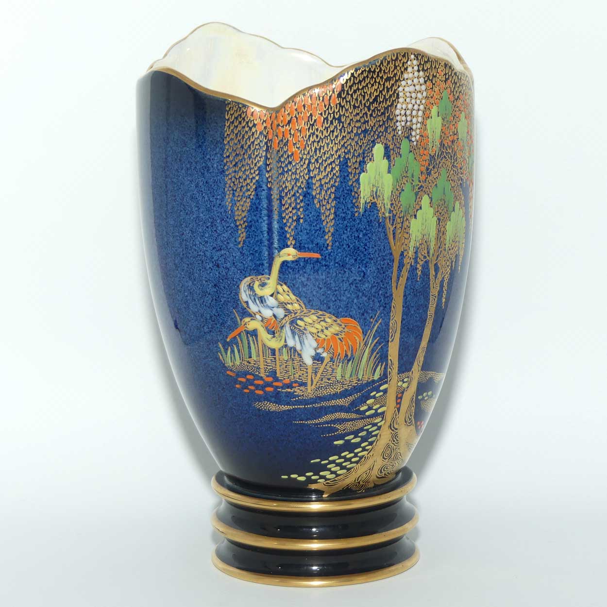 Carlton Ware fancy rim vase | New Storks pattern on Blue | 2089
