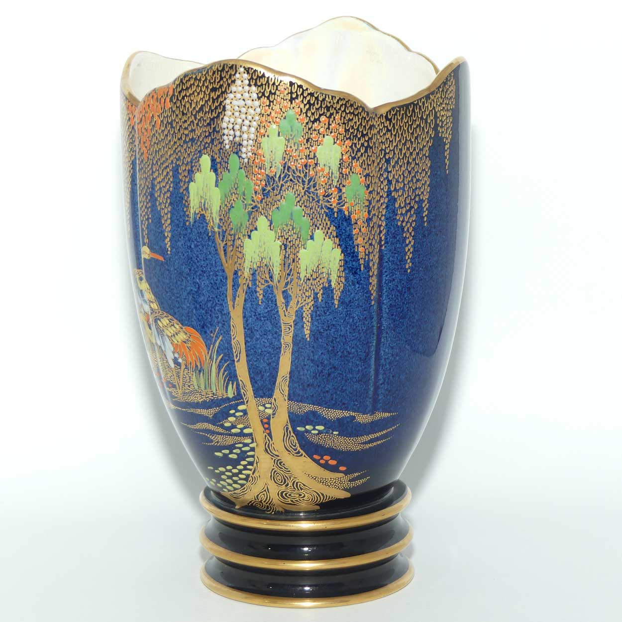 Carlton Ware fancy rim vase | New Storks pattern on Blue | 2089