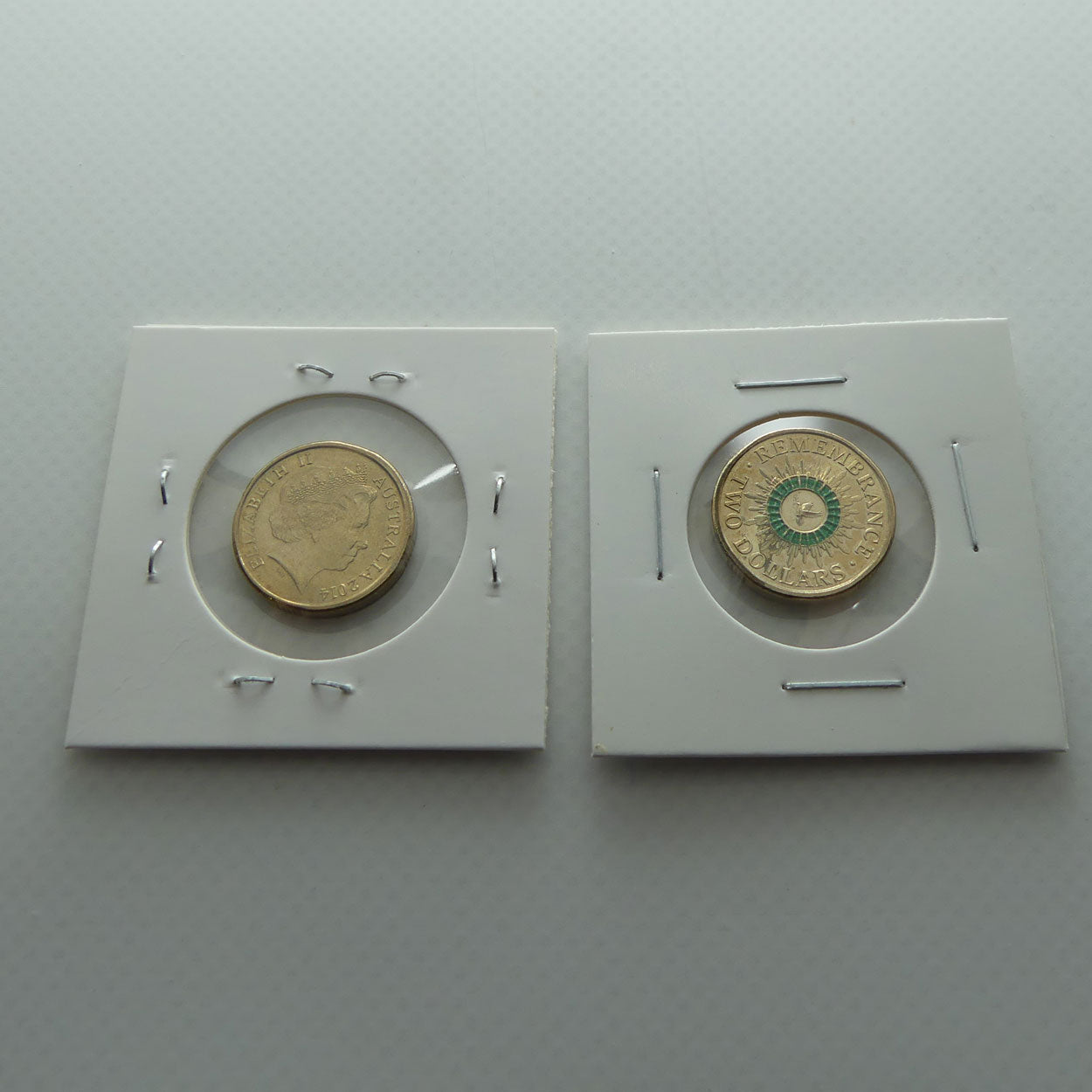 RAM 2014 Remembrance Day $2 Coin | Green Colour Printed Dove | 2 x Circulated Australian Decimal Coins | #1