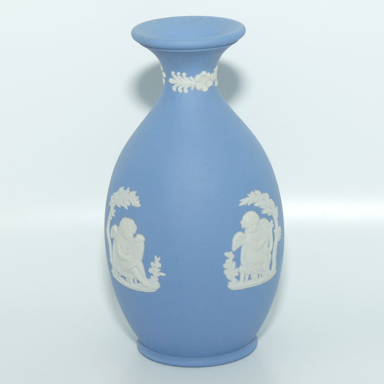 Wedgwood Jasper | White on Pale Blue | Ovoid body vase | 2 Cherubs | Farmer Couple