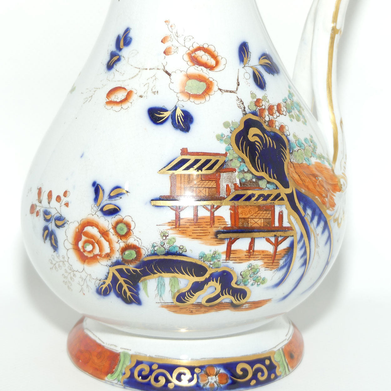 Antique English Staffordshire Imari Chinoiserie Style Pitcher with Hinged Pewter Cover