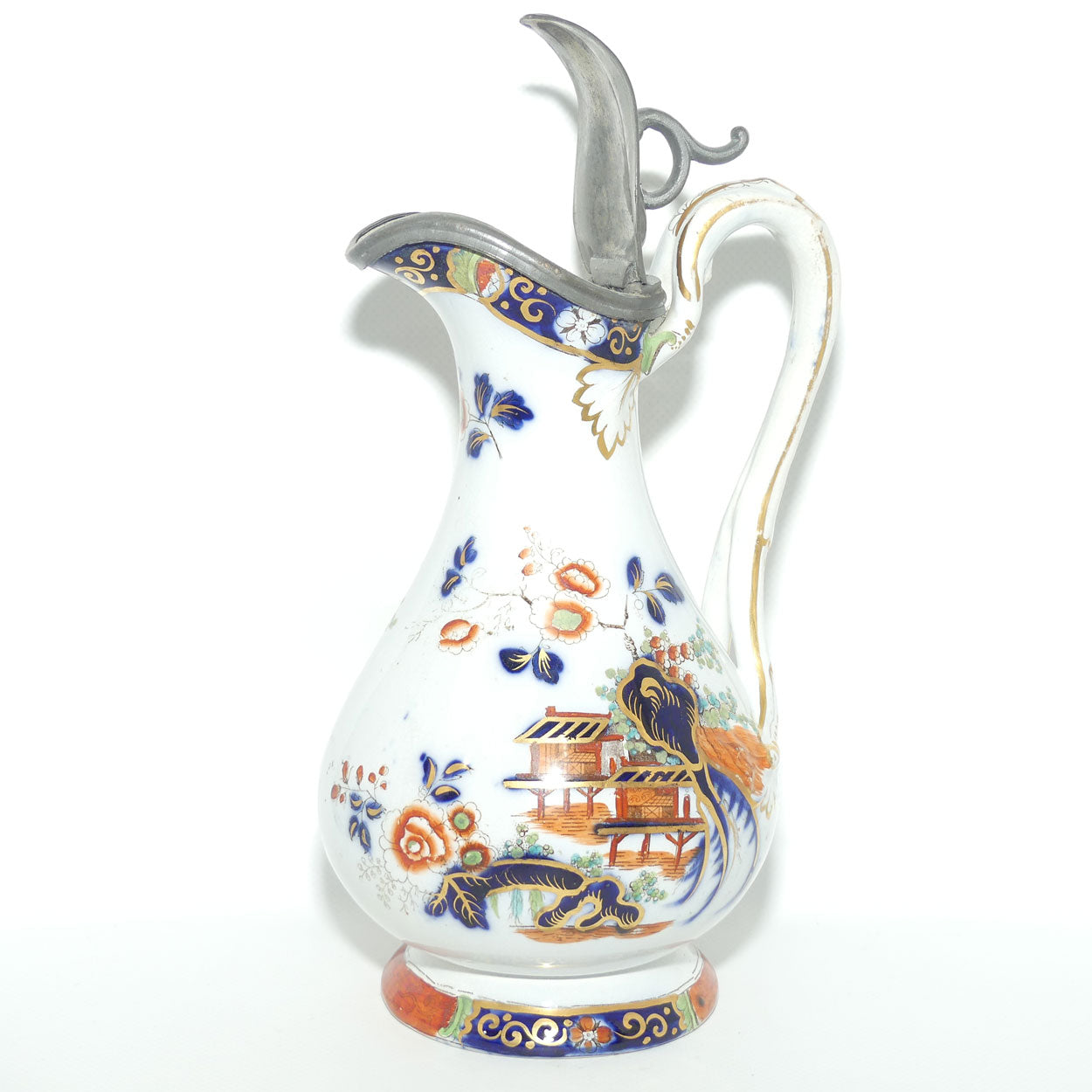 Antique English Staffordshire Imari Chinoiserie Style Pitcher with Hinged Pewter Cover