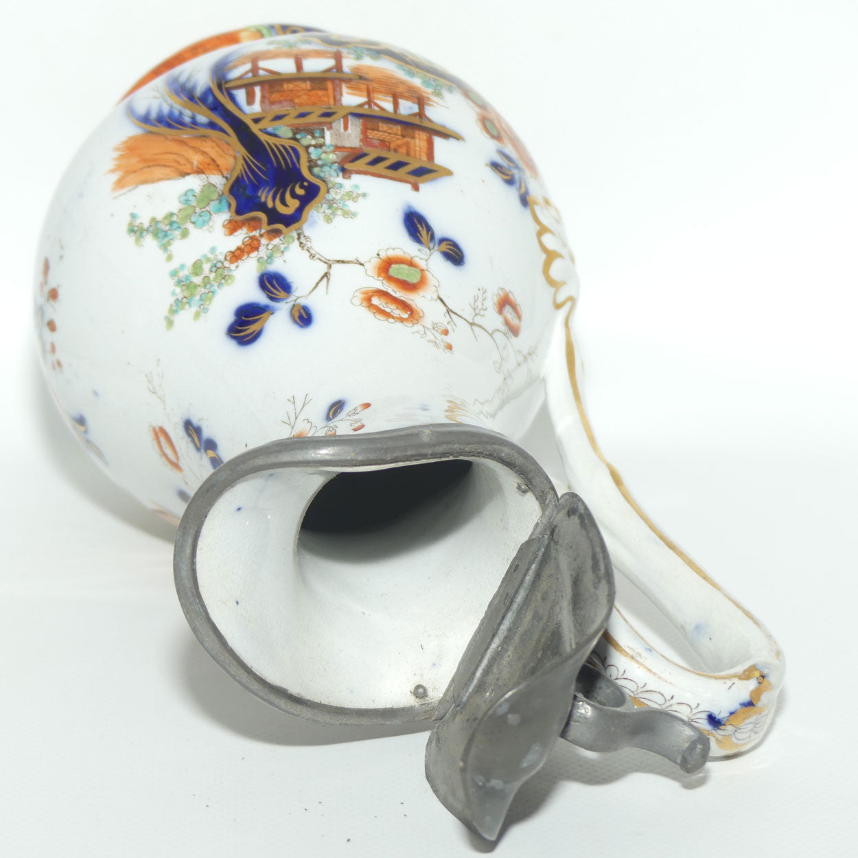 Antique English Staffordshire Imari Chinoiserie Style Pitcher with Hinged Pewter Cover