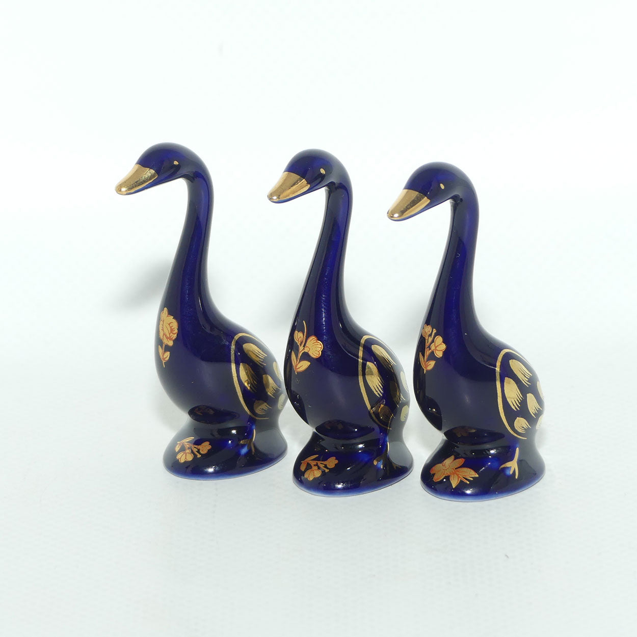 Limoges Castel France collection of 3 miniature Geese figures | Blue and Gold
