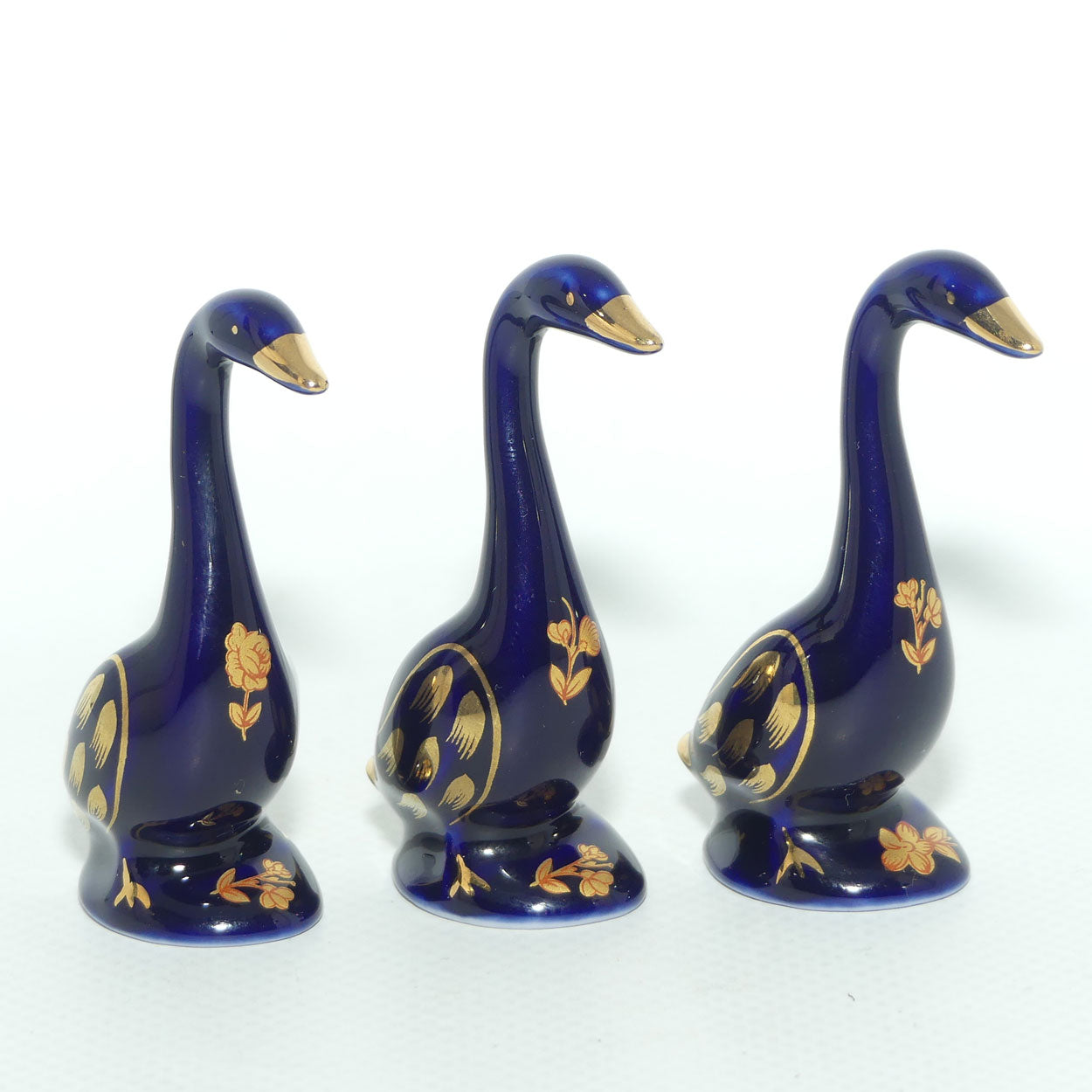 Limoges Castel France collection of 3 miniature Geese figures | Blue and Gold