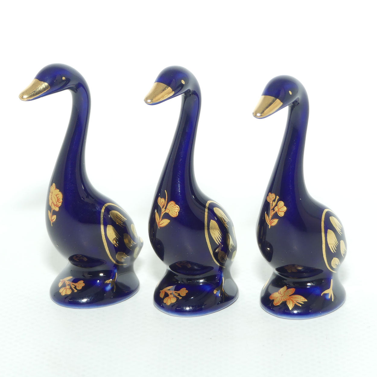 Limoges Castel France collection of 3 miniature Geese figures | Blue and Gold