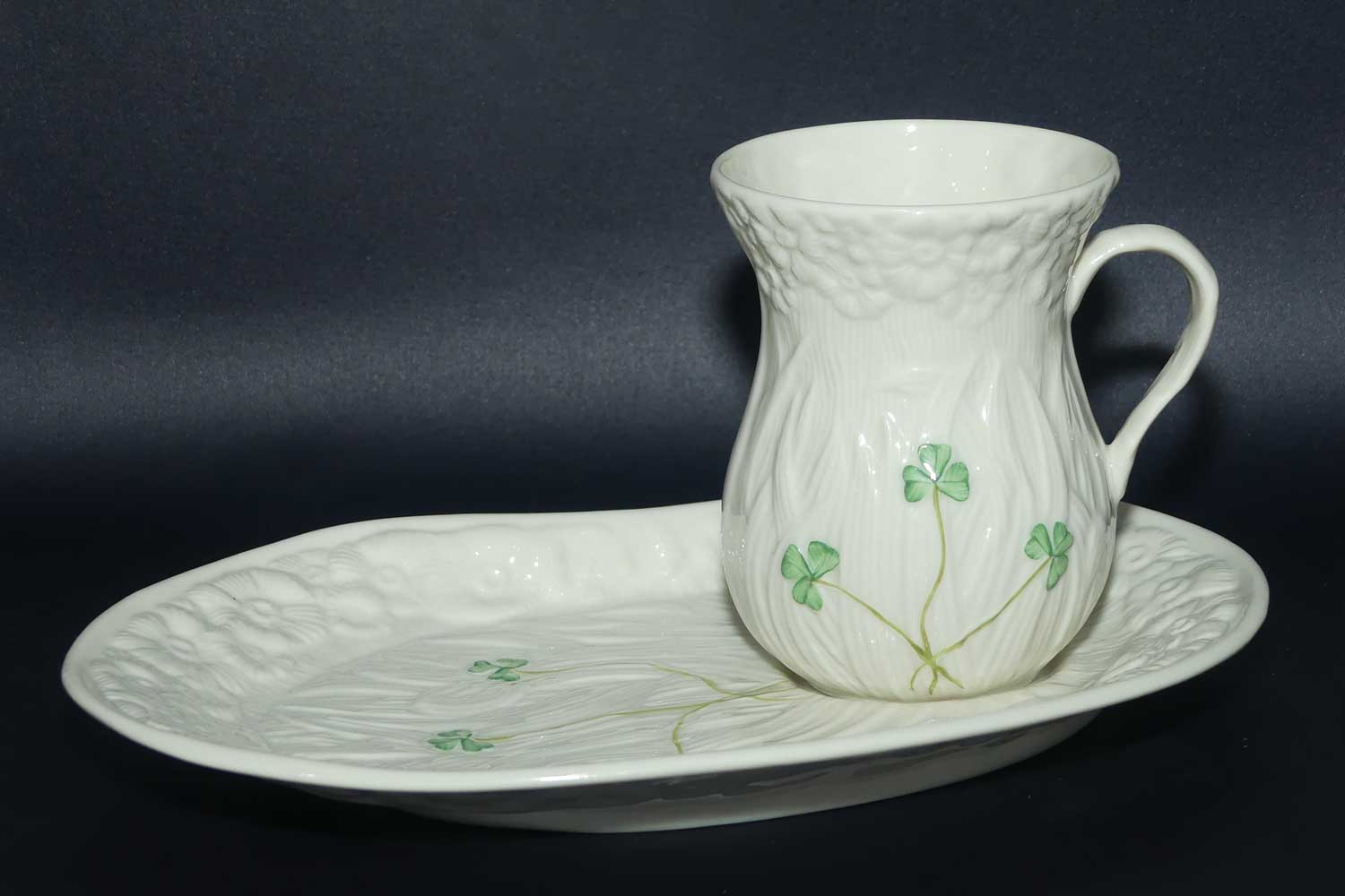 Belleek Shamrock pattern Hostess Coffee mug and tray | 4th Green Mark