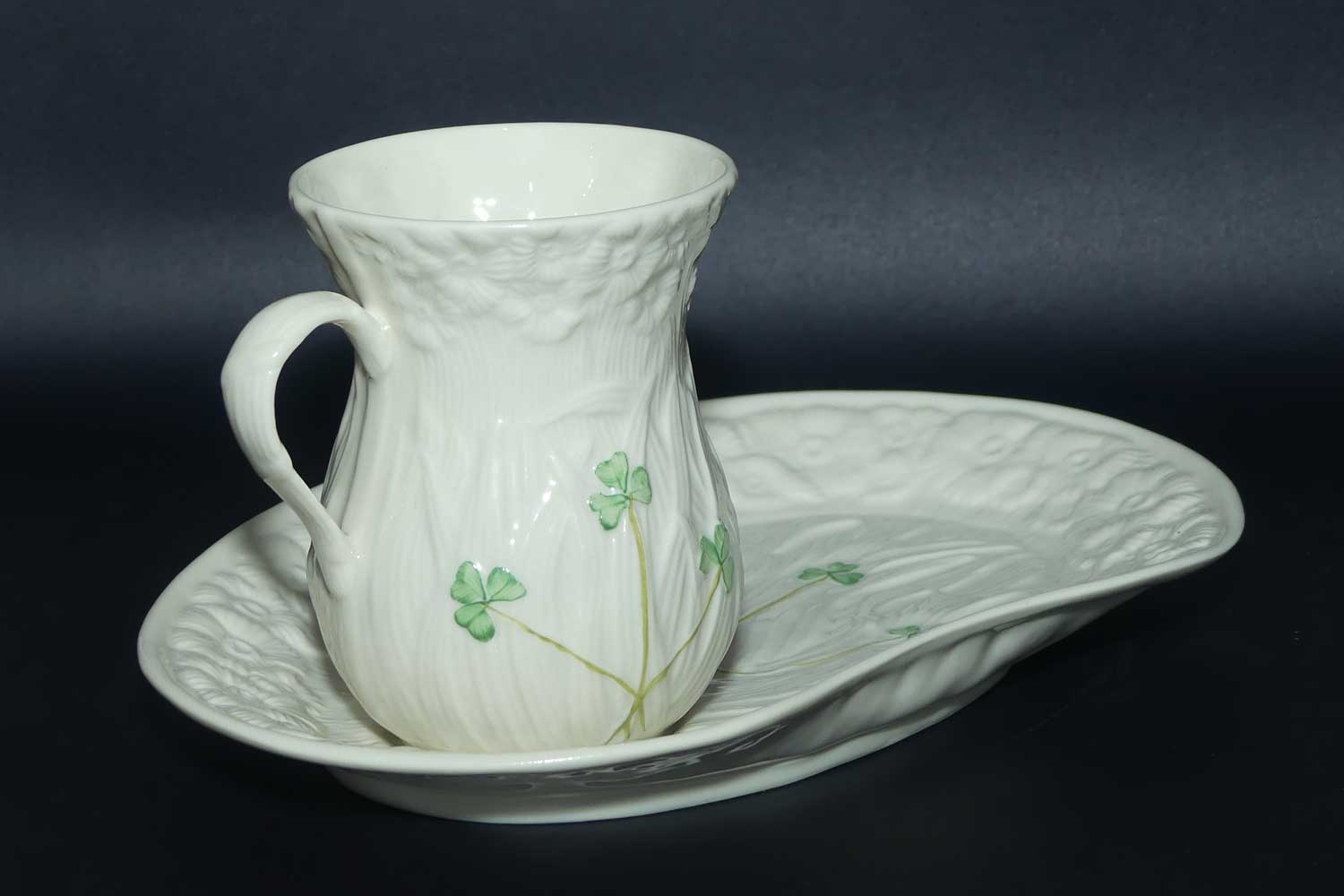 Belleek Shamrock pattern Hostess Coffee mug and tray | 4th Green Mark