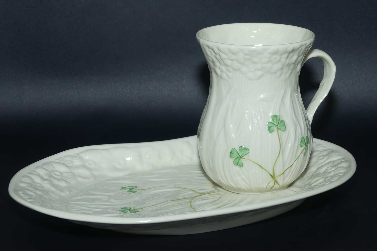Belleek Shamrock pattern Hostess Coffee mug and tray | 4th Green Mark