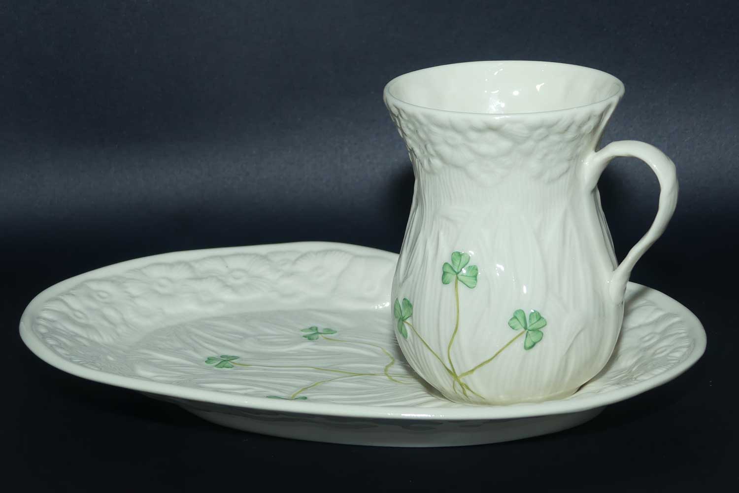 Belleek Shamrock pattern Hostess Coffee mug and tray | 4th Green Mark