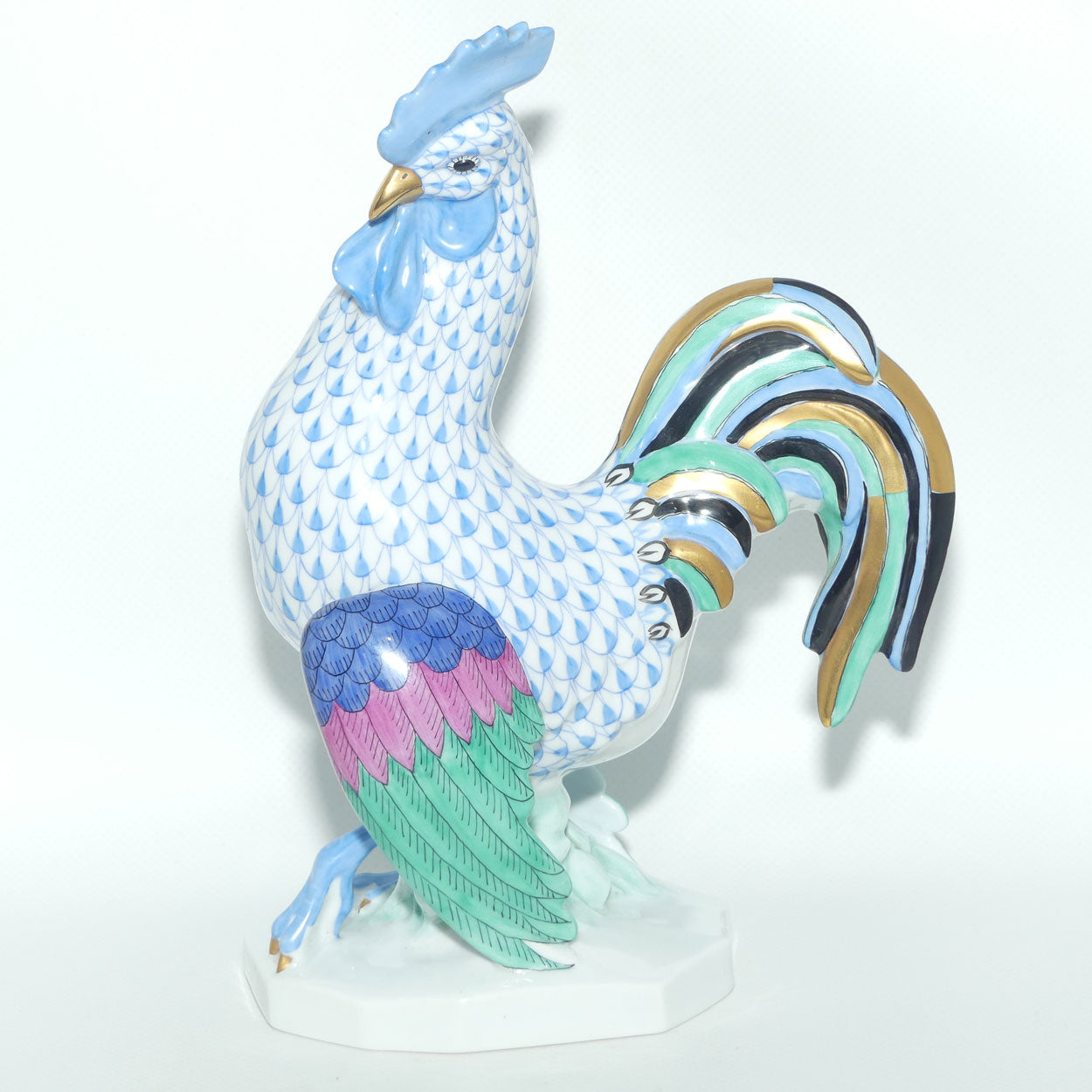 Herend Hungary figure 5014 | Blue Fishnet Rooster | 23.5cm tall