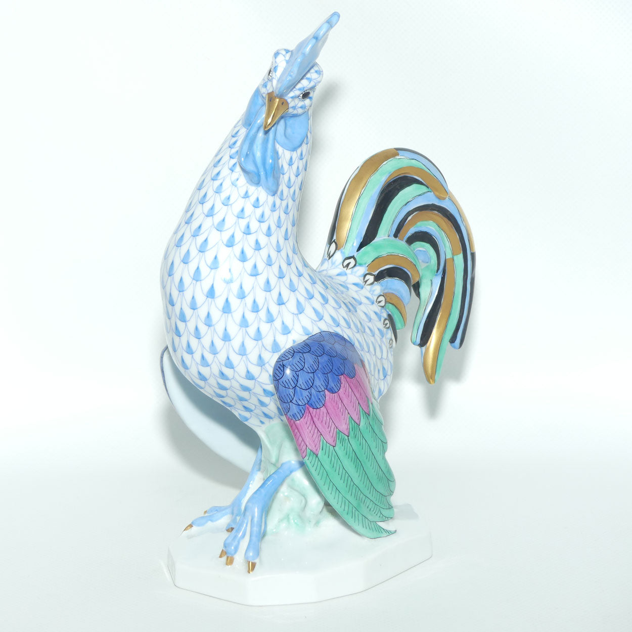 Herend Hungary figure 5014 | Blue Fishnet Rooster | 23.5cm tall