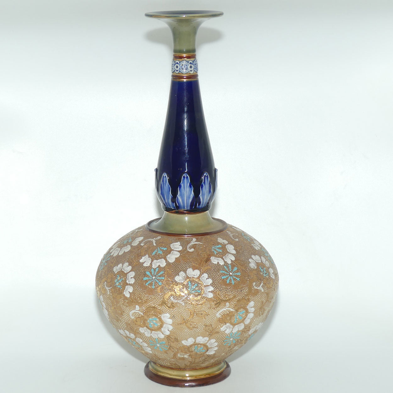 Royal Doulton Slaters patent stoneware tall bulbous vase | X5093 | Turquoise and White Flowers