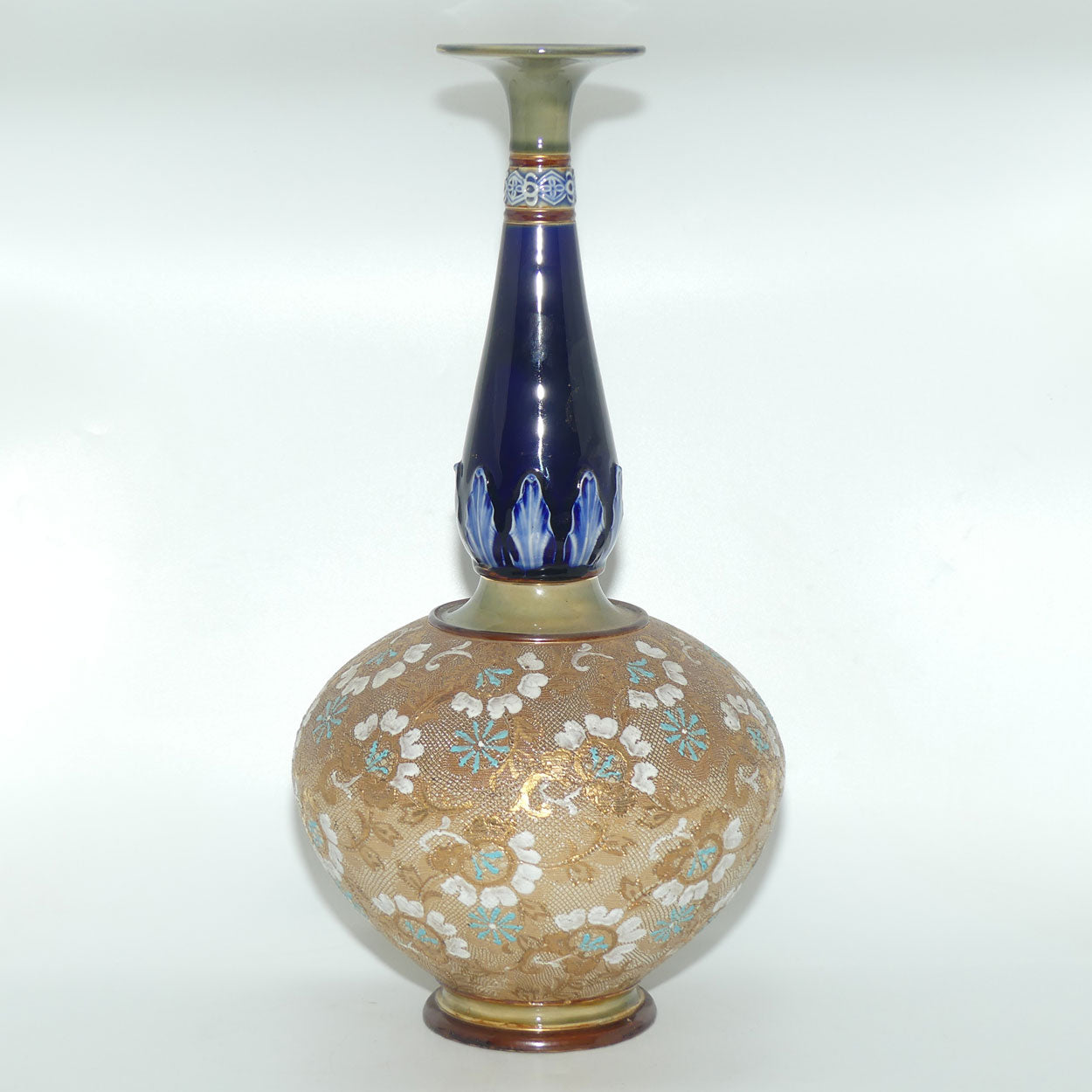 Royal Doulton Slaters patent stoneware tall bulbous vase | X5093 | Turquoise and White Flowers