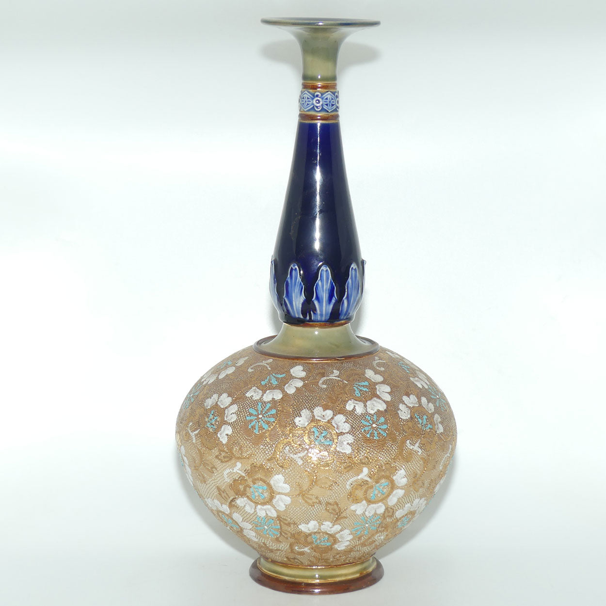 Royal Doulton Slaters patent stoneware tall bulbous vase | X5093 | Turquoise and White Flowers