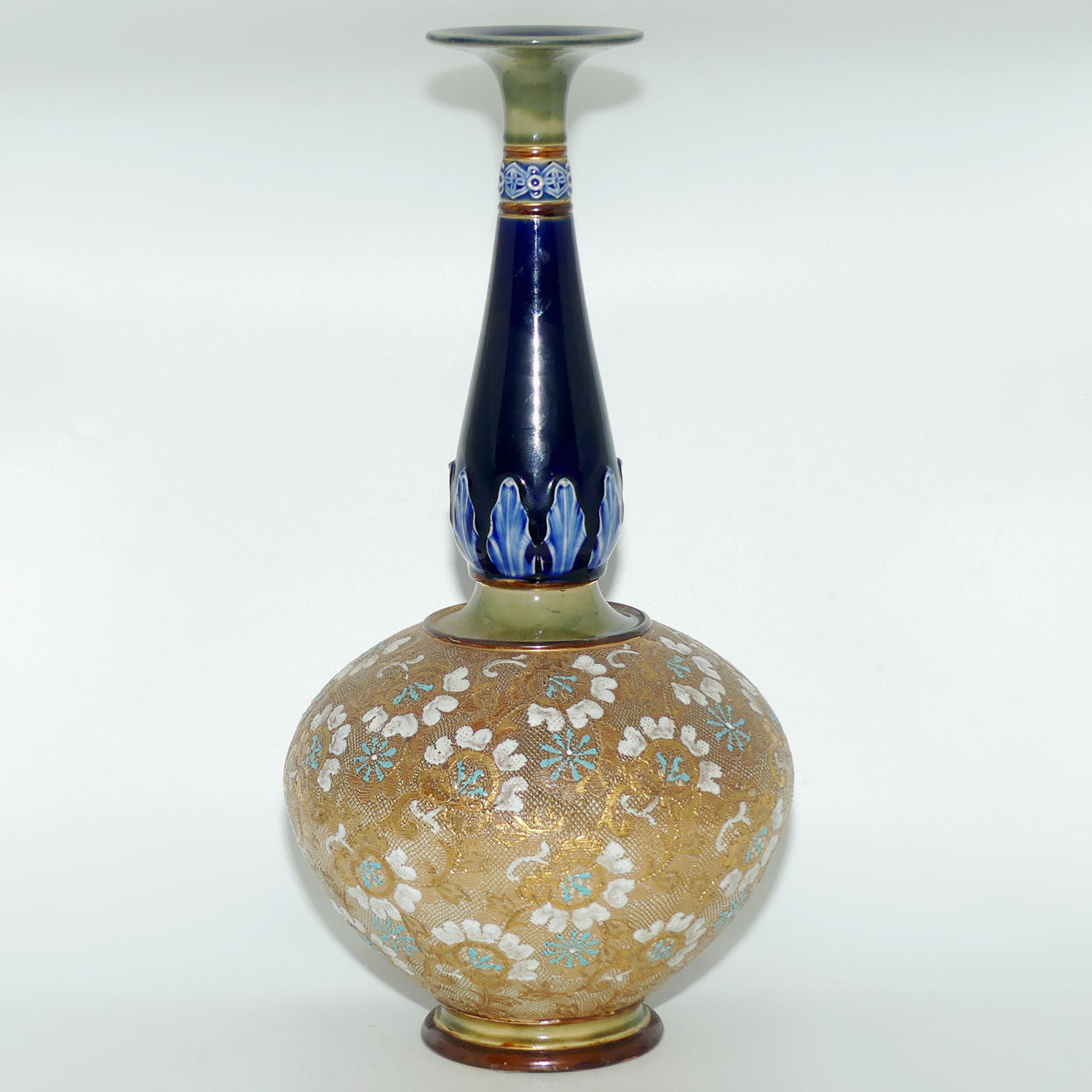 Royal Doulton Slaters patent stoneware tall bulbous vase | X5093 | Turquoise and White Flowers