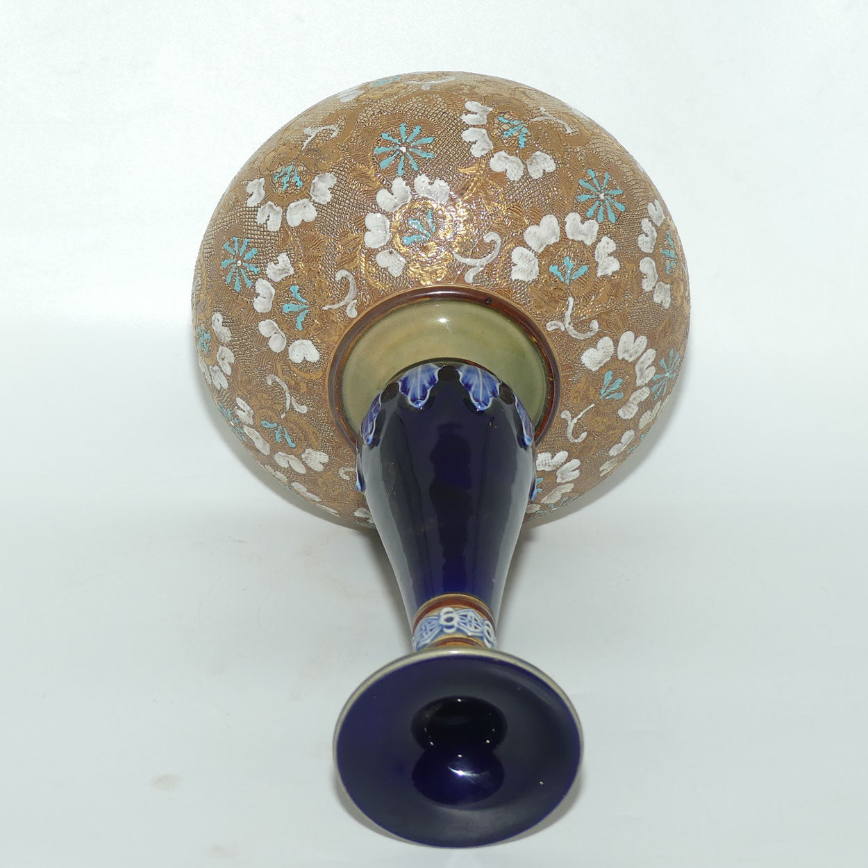 Royal Doulton Slaters patent stoneware tall bulbous vase | X5093 | Turquoise and White Flowers