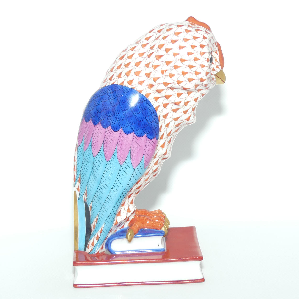 Herend Hungary figure | Red Fishnet Wise Owl on Book | 21cm tall