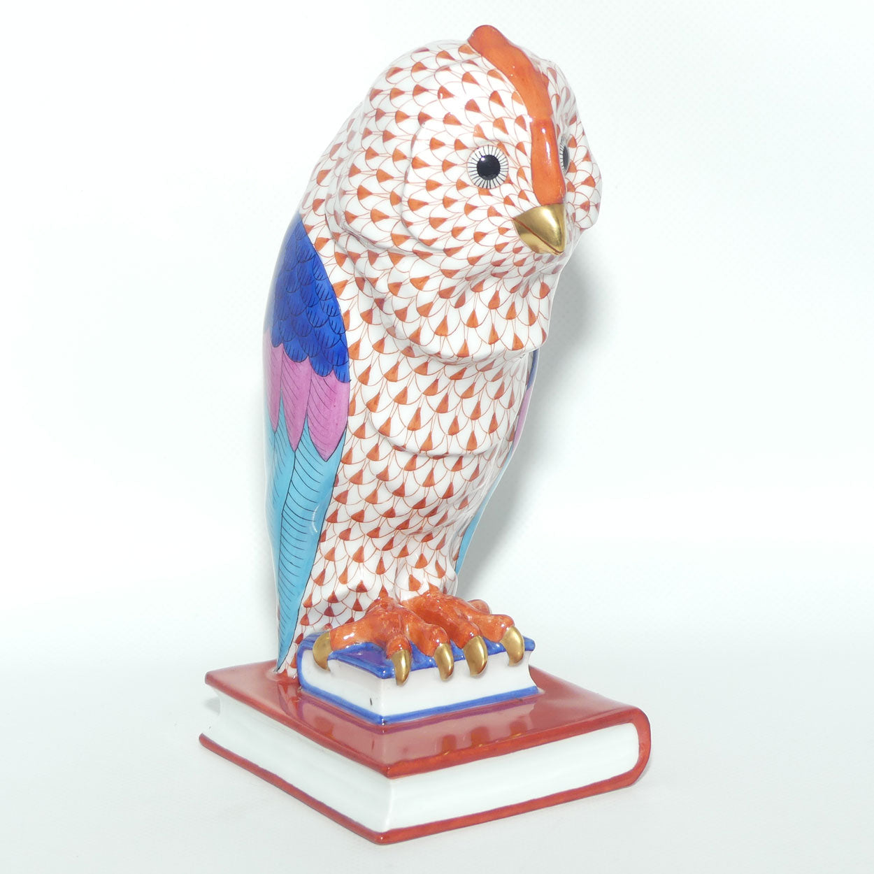 Herend Hungary figure | Red Fishnet Wise Owl on Book | 21cm tall