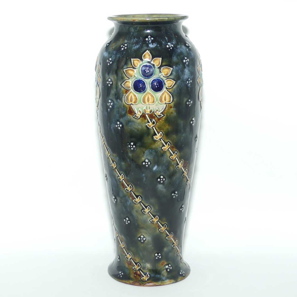 Royal Doulton Lambeth Green Blue mottled glaze Floral pattern vase | 5826 | 26cm tall